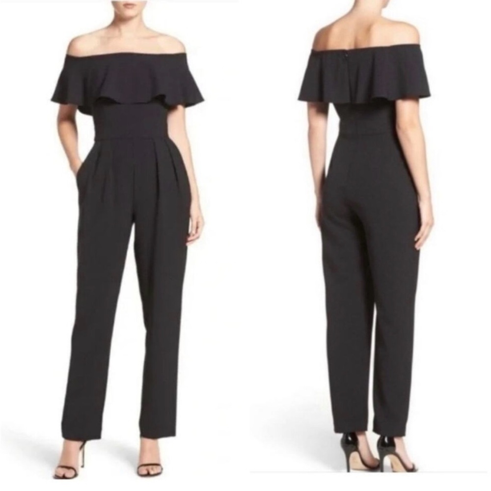 Eliza J Black Off-Shoulder Ruffle Neck Jumpsuit